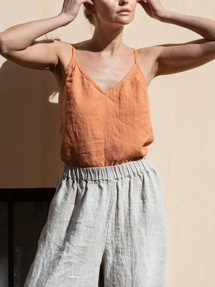 Women Cotton Linen Camisole Orange V-Neck Sleeveless