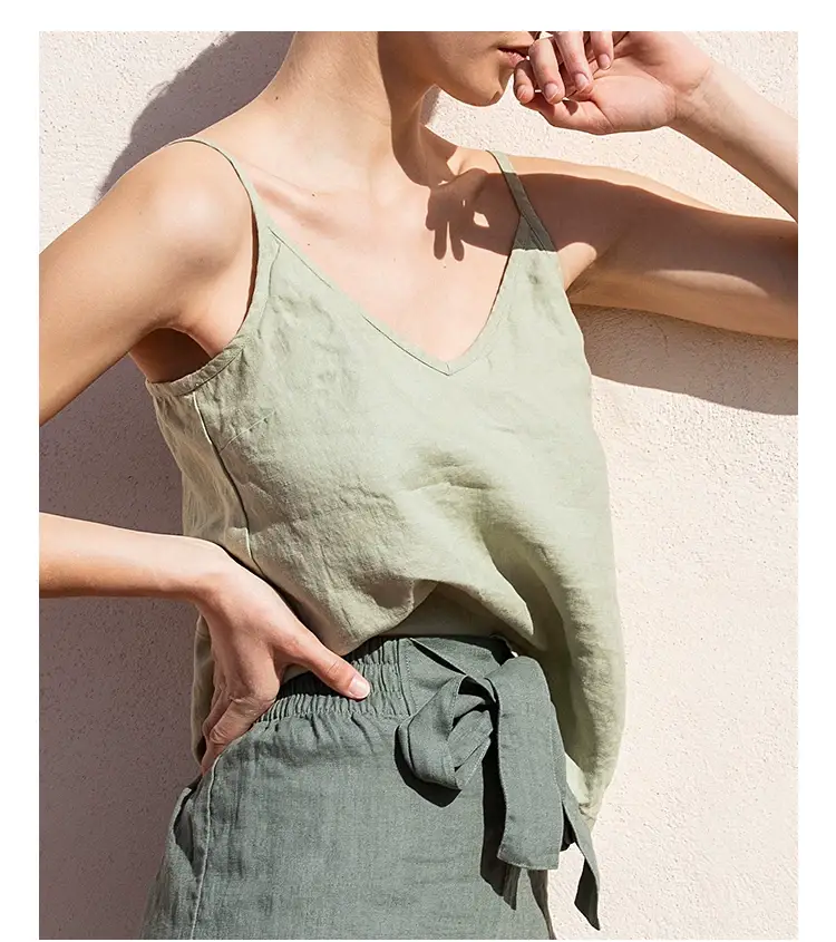 Women Cotton Linen Camisole Orange V-Neck Sleeveless — feature 12
