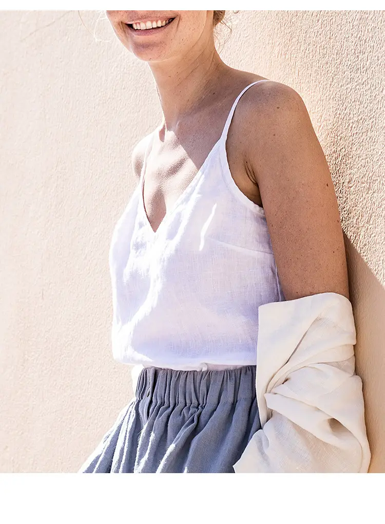 Women Cotton Linen Camisole Orange V-Neck Sleeveless — feature 4
