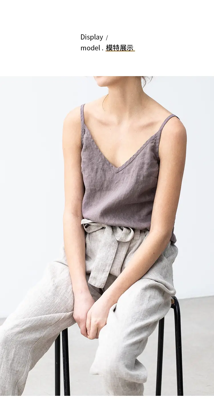 Women Cotton Linen Camisole Orange V-Neck Sleeveless — feature 7