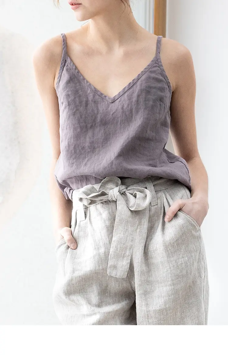 Women Cotton Linen Camisole Orange V-Neck Sleeveless — feature 8