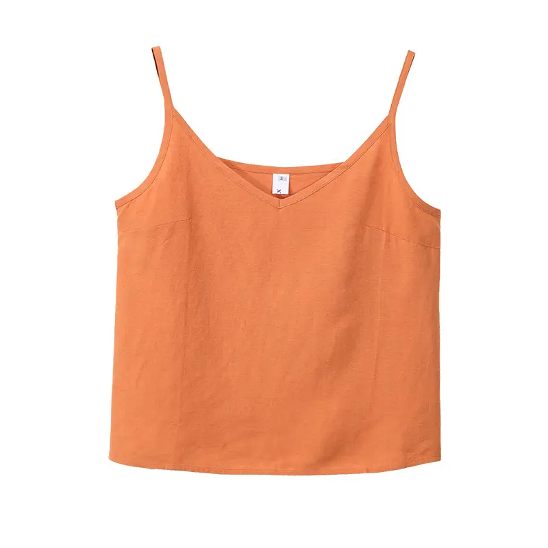 Women Cotton Linen Camisole Orange V-Neck Sleeveless
