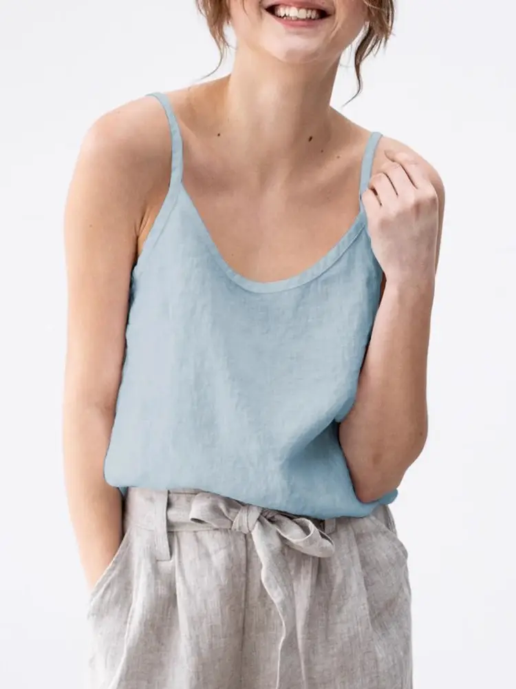 Women Cotton Linen Camisole Orange V-Neck Sleeveless