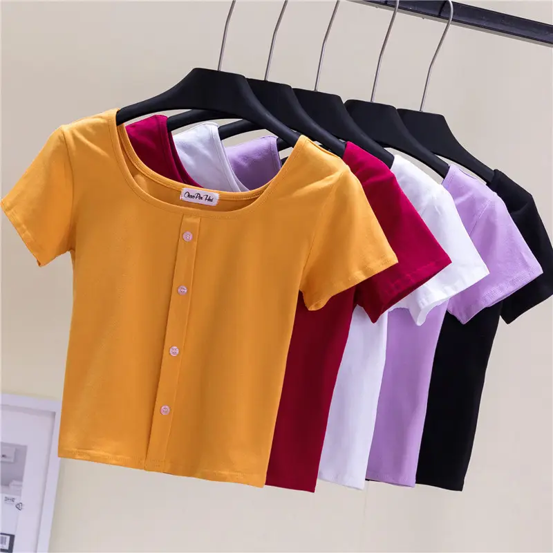 Women Black Navel Exposed T-Shirt Short Sleeve