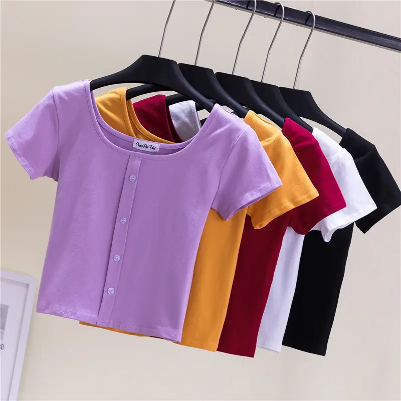 Women Black Navel Exposed T-Shirt Short Sleeve