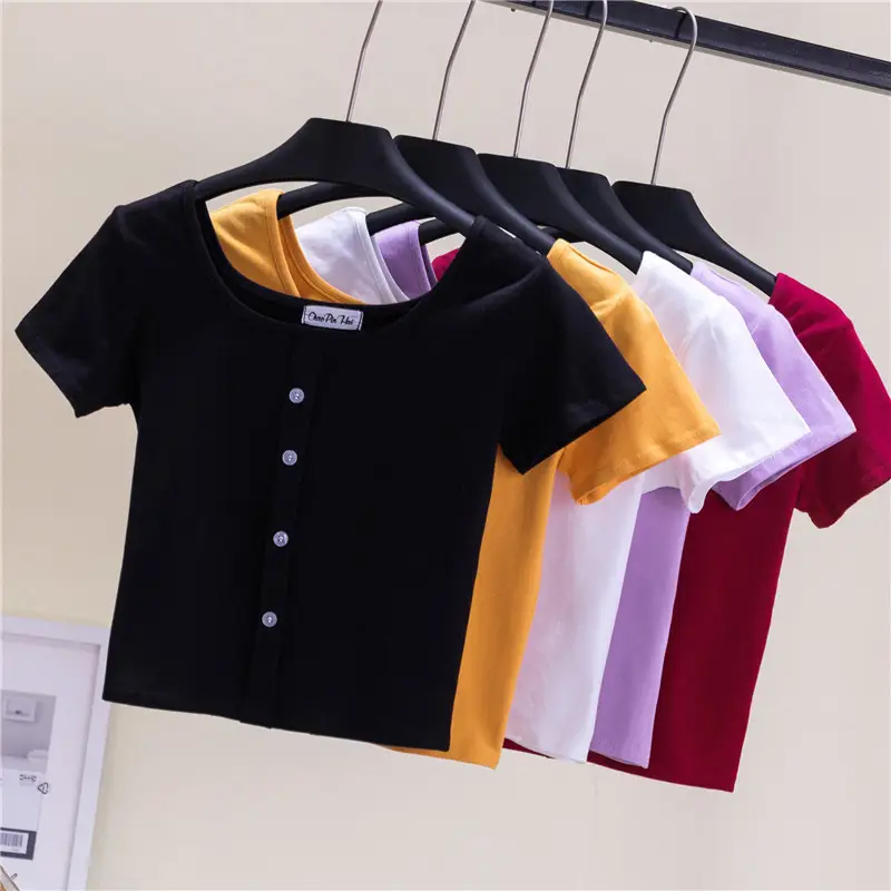 Women Black Navel Exposed T-Shirt Short Sleeve