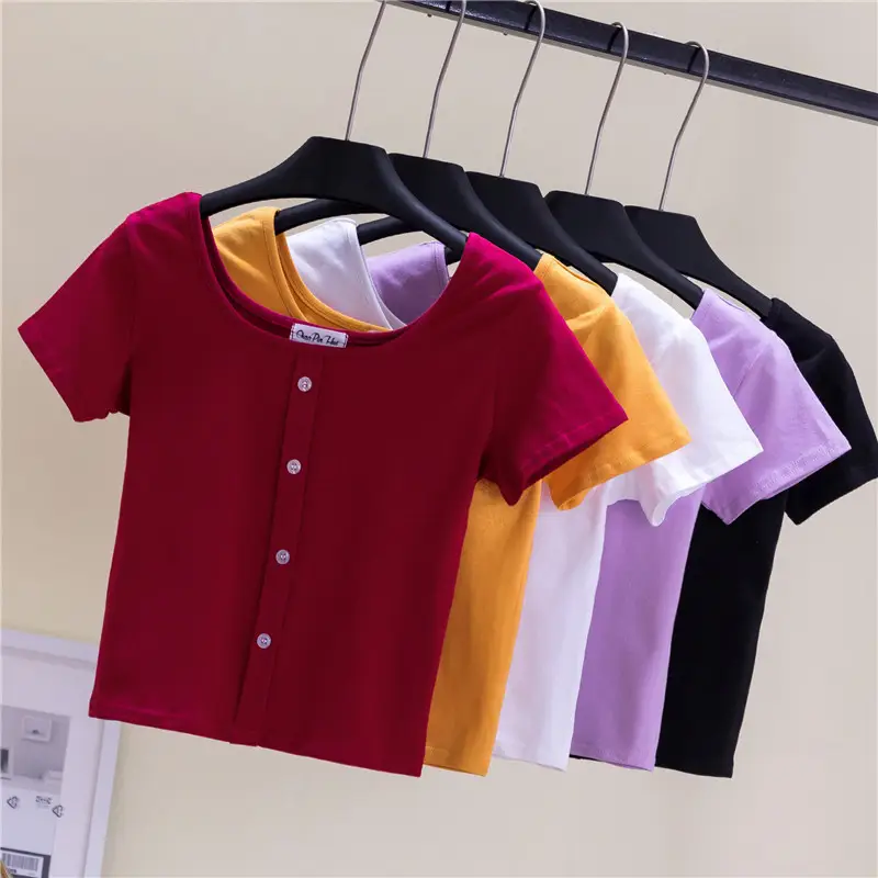 Women Black Navel Exposed T-Shirt Short Sleeve