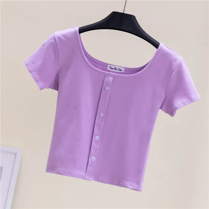Women Black Navel Exposed T-Shirt Short Sleeve
