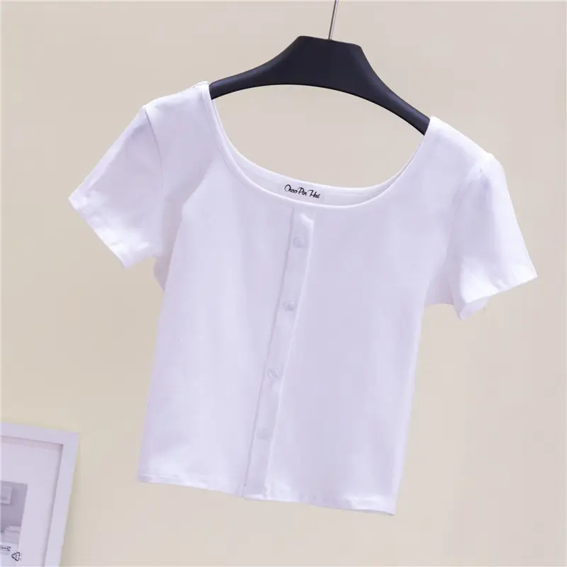 Women Black Navel Exposed T-Shirt Short Sleeve