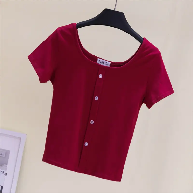Women Black Navel Exposed T-Shirt Short Sleeve
