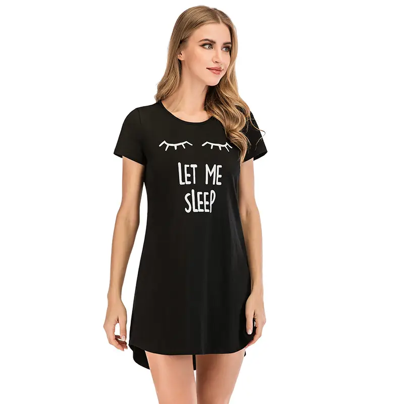 Black Printed Sleepwear Set for Women Round Neck Loose Fit