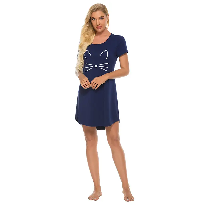 Black Printed Sleepwear Set for Women Round Neck Loose Fit