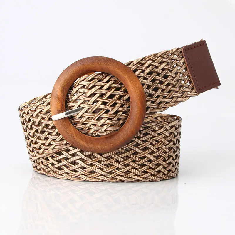 New Women's Woven Ethnic Belt Brown Leather Closure