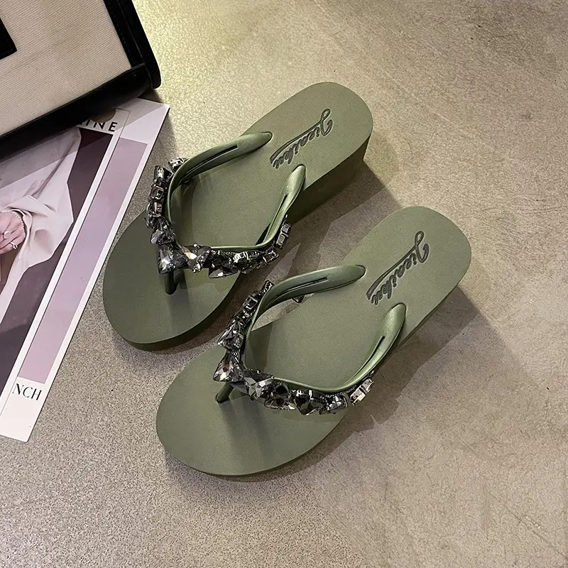 Green Rhinestone Women's Triangle Flip Flops