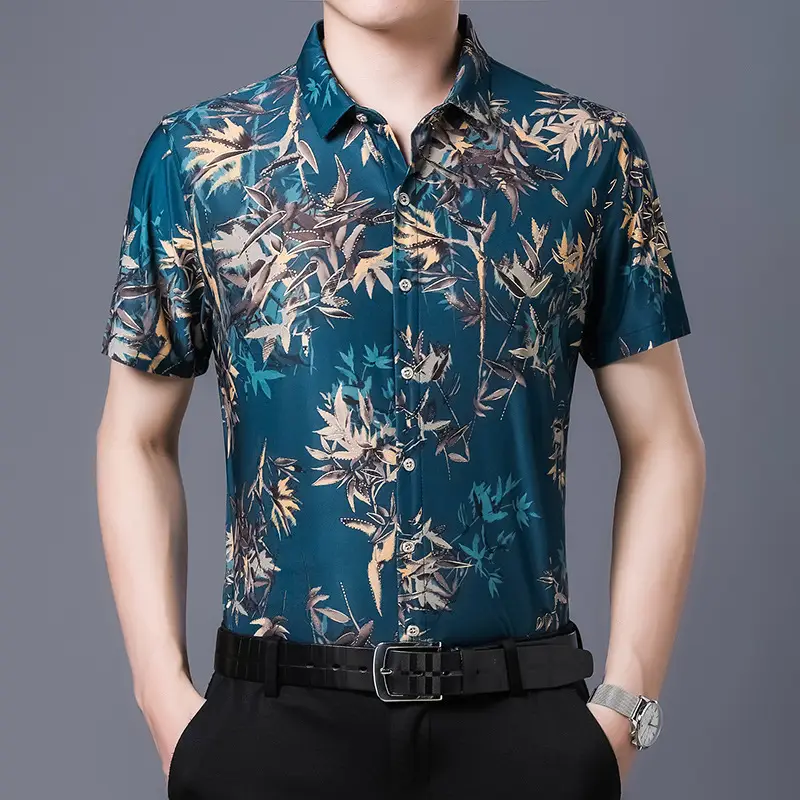 Men's Short Sleeve Floral Shirt Ice Silk Summer Non-Iron