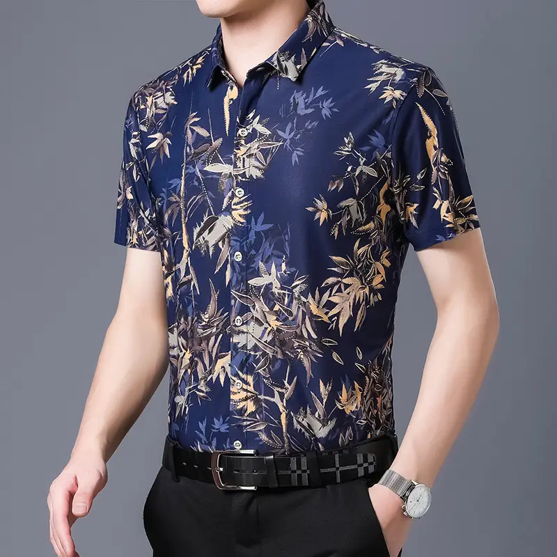 Men's Short Sleeve Floral Shirt Ice Silk Summer Non-Iron
