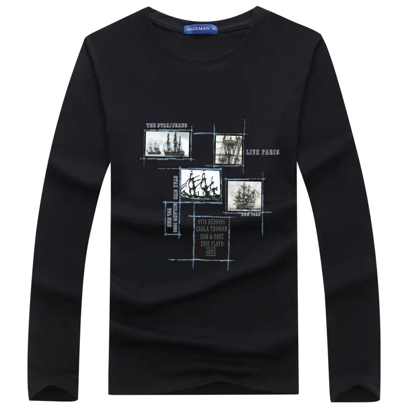 Men Cotton Long Sleeve T-Shirt Navy Blue Graphic Print