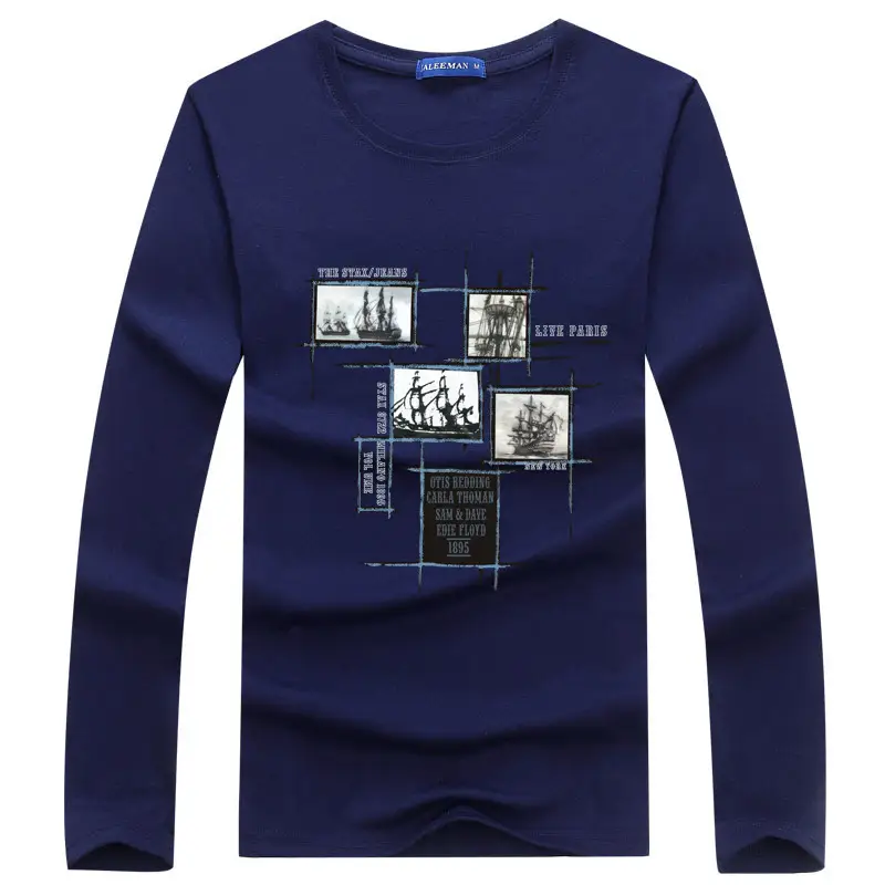 Men Cotton Long Sleeve T-Shirt Navy Blue Graphic Print