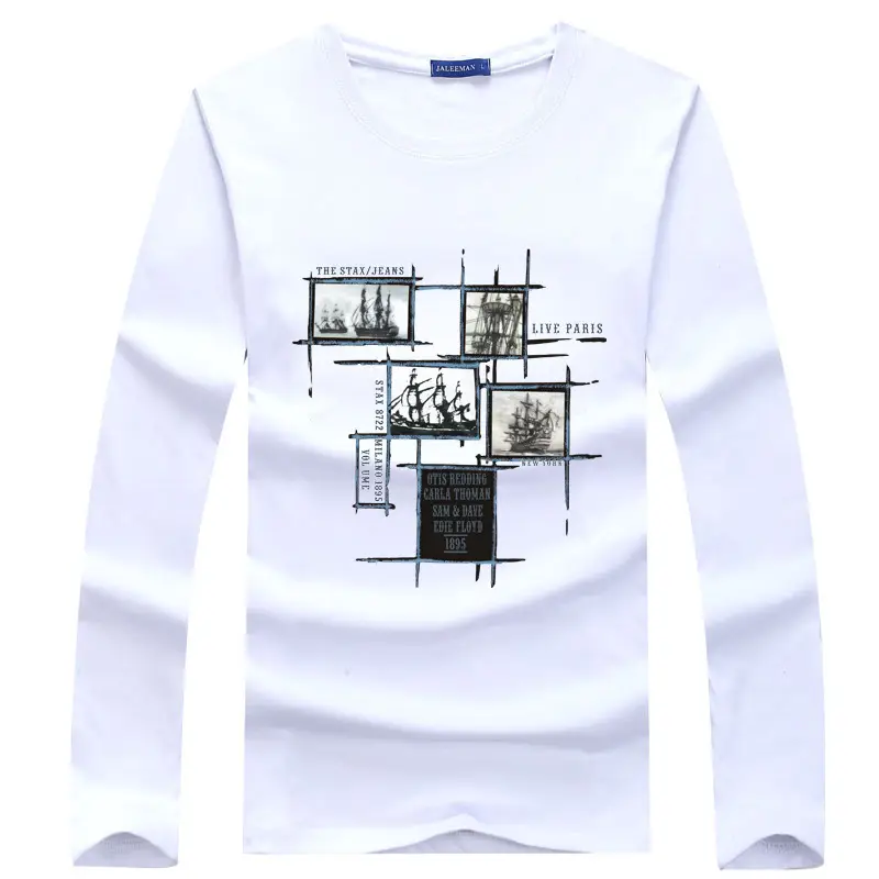 Men Cotton Long Sleeve T-Shirt Navy Blue Graphic Print