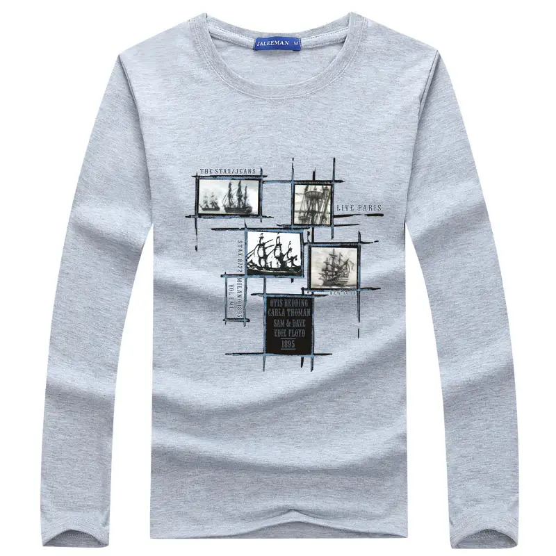 Men Cotton Long Sleeve T-Shirt Navy Blue Graphic Print