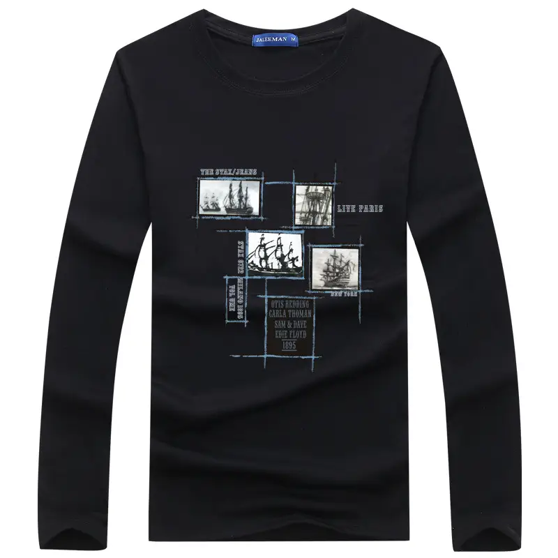 Men Cotton Long Sleeve T-Shirt Navy Blue Graphic Print