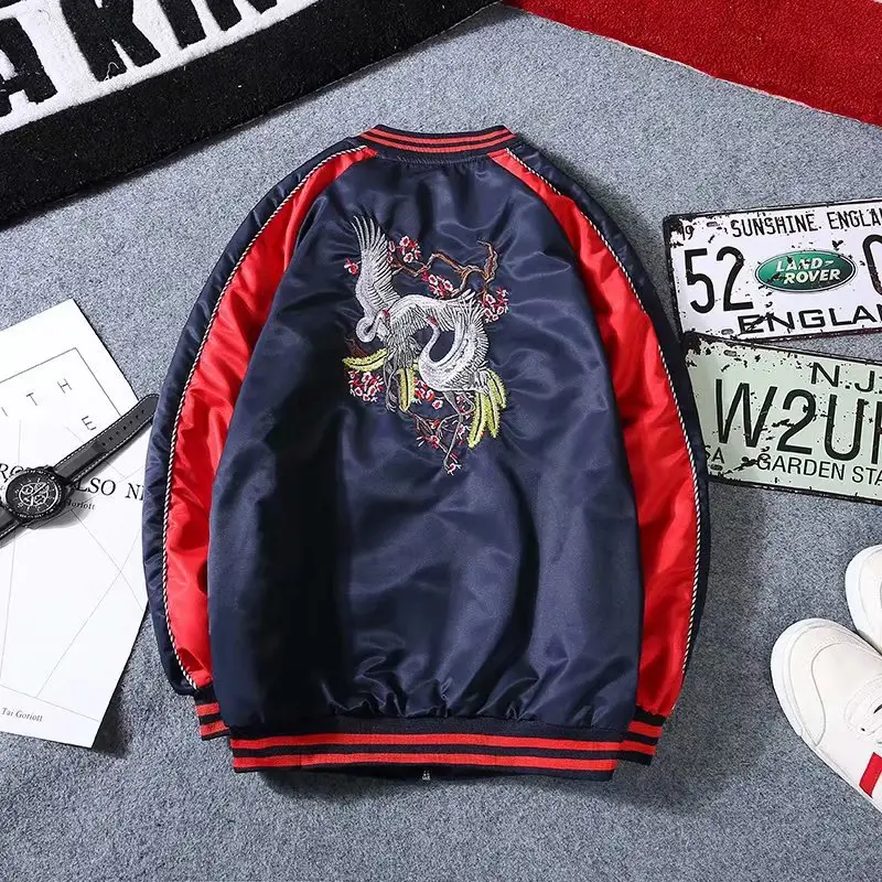 Men Embroidered Crane Flying Jacket Red Blue