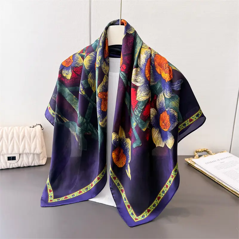 Imitation Silk Large Scarf Women Sunscreen Shawl 90x90cm - Image 27