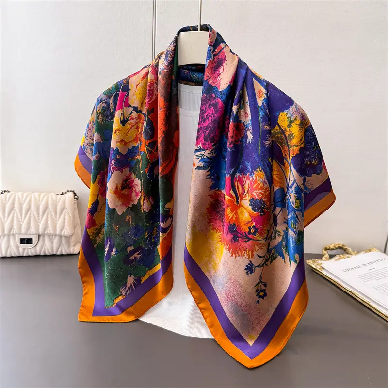 Imitation Silk Large Scarf Women Sunscreen Shawl 90x90cm - Image 29