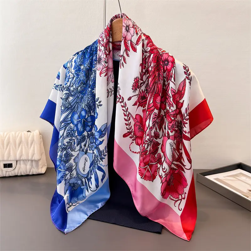 Imitation Silk Large Scarf Women Sunscreen Shawl 90x90cm - Image 31