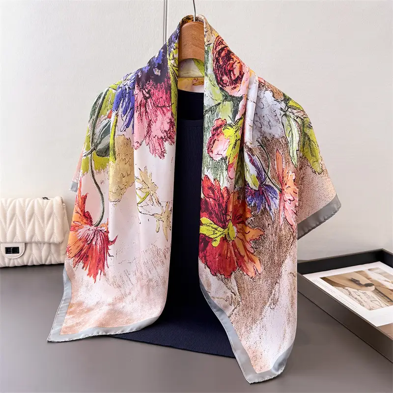 Imitation Silk Large Scarf Women Sunscreen Shawl 90x90cm - Image 32