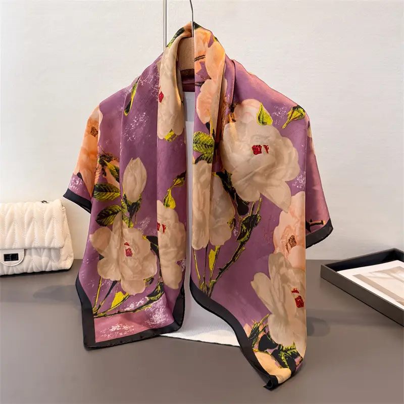 Imitation Silk Large Scarf Women Sunscreen Shawl 90x90cm - Image 34