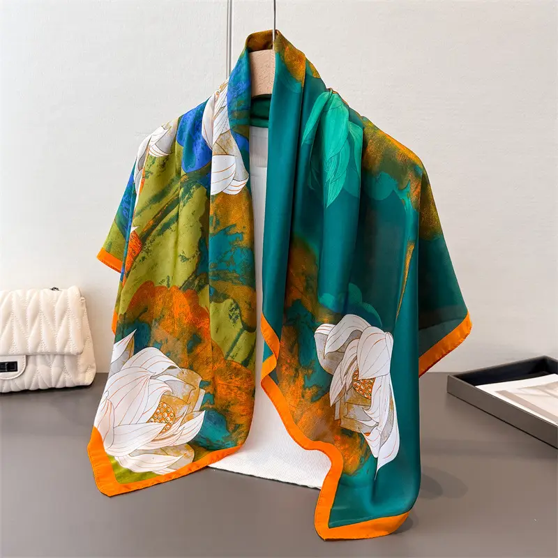 Imitation Silk Large Scarf Women Sunscreen Shawl 90x90cm - Image 38