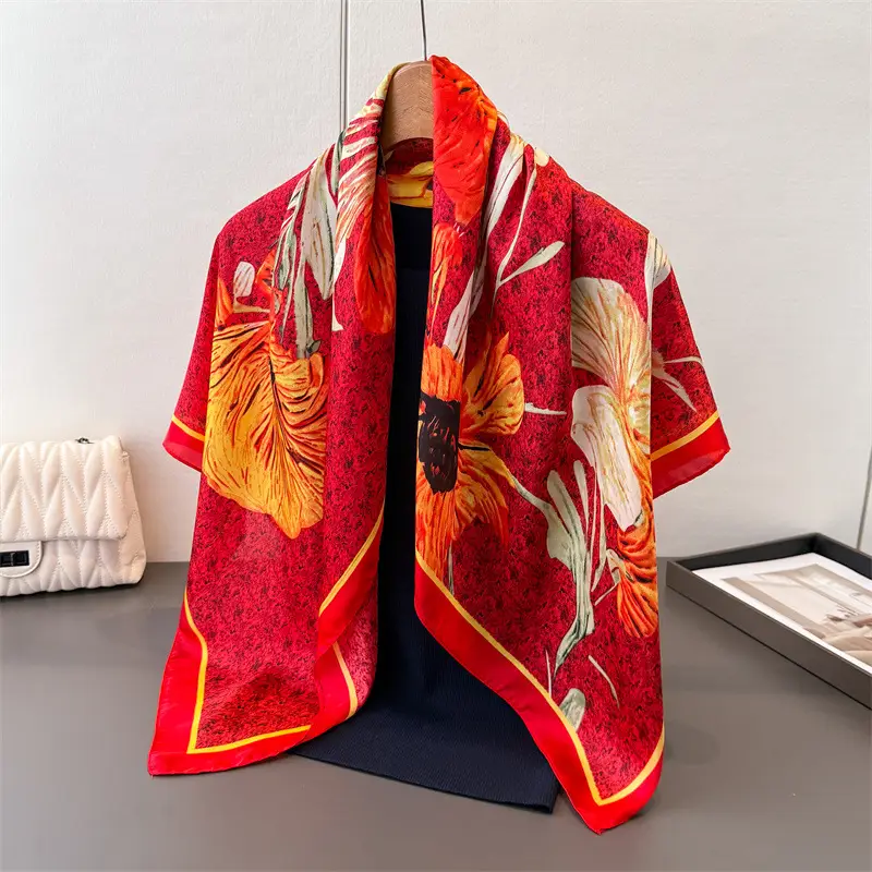Imitation Silk Large Scarf Women Sunscreen Shawl 90x90cm - Image 39