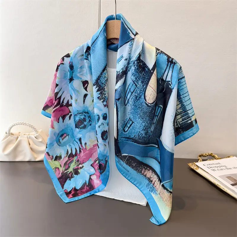 Imitation Silk Large Scarf Women Sunscreen Shawl 90x90cm - Image 67