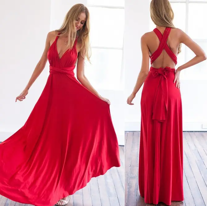 Blue Long Backless Strap Dress with Tie Front - Image 5