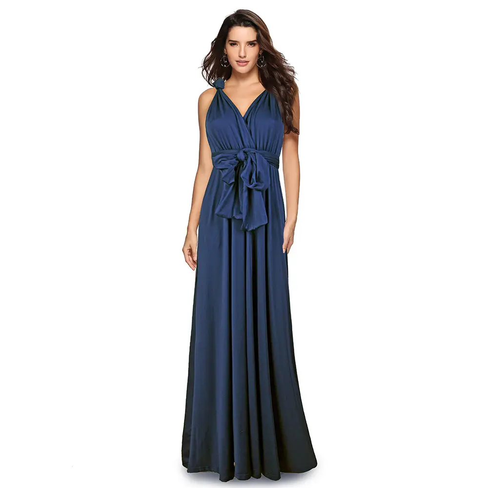 Blue Long Backless Strap Dress with Tie Front - Image 15