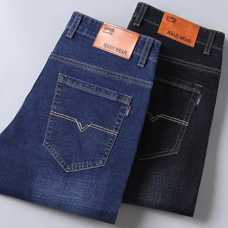 Men Straight Stretch Blue Denim Trousers Business Casual
