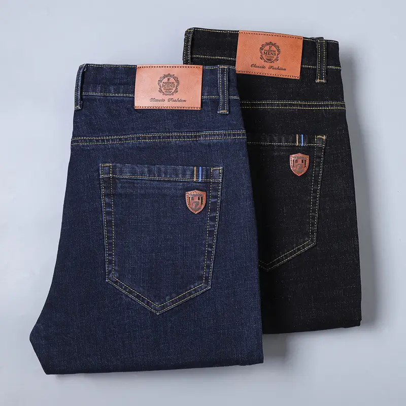 Men Straight Stretch Blue Denim Trousers Business Casual