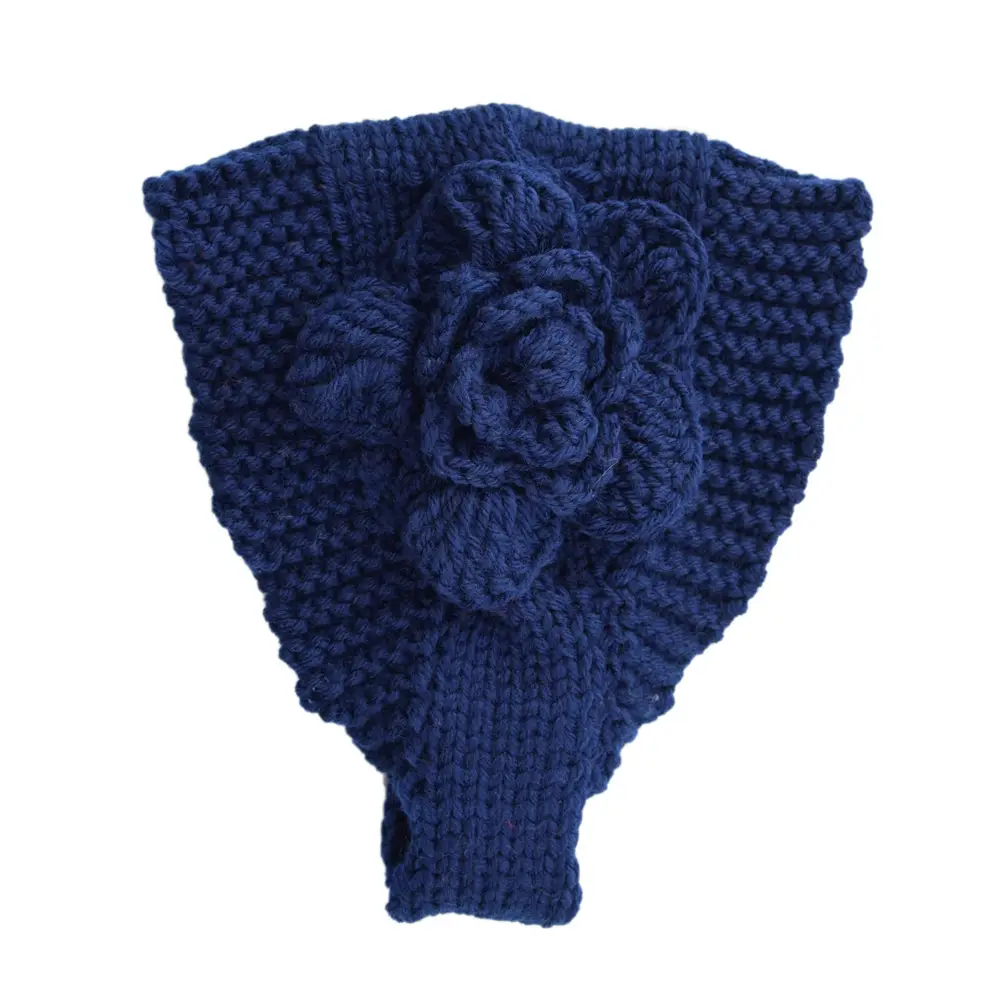 Blue Knitted Wool Hair Belt with Rose Flower - Image 3