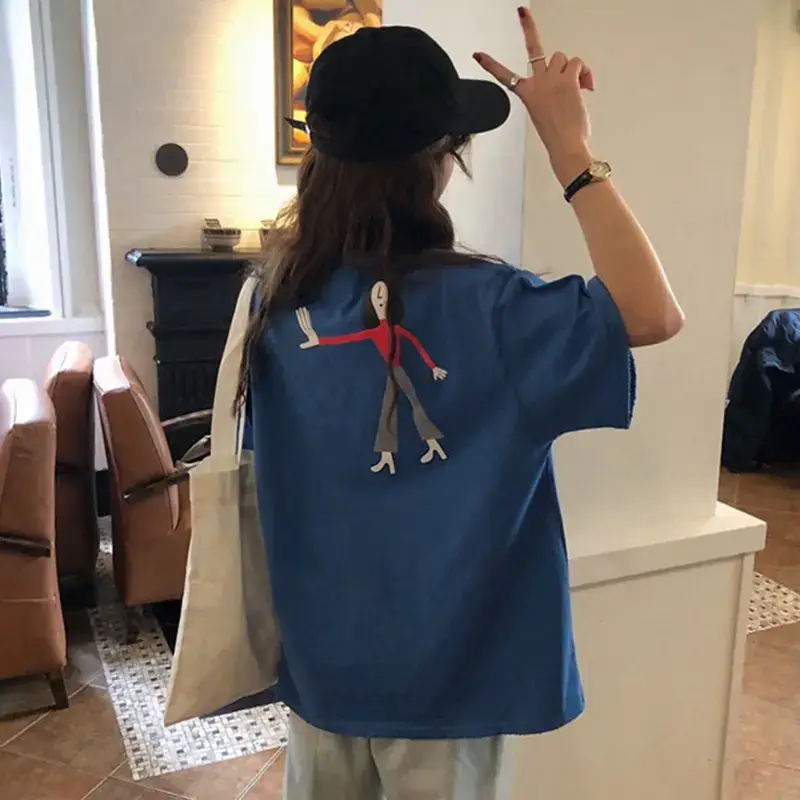 Women Blue T-Shirt Short Sleeve Korean Style 2025 - Image 3