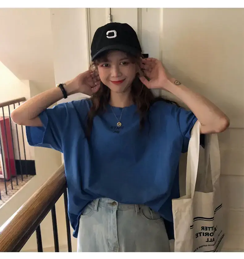 Women Blue T-Shirt Short Sleeve Korean Style 2025 — feature 4