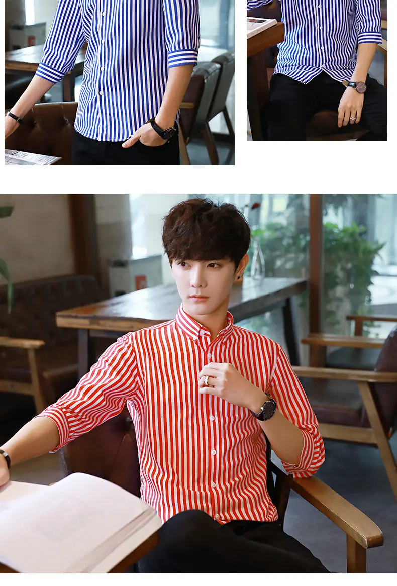 Men's Black & White Striped Long Sleeve Shirt 3/4 Sleeve — feature 12