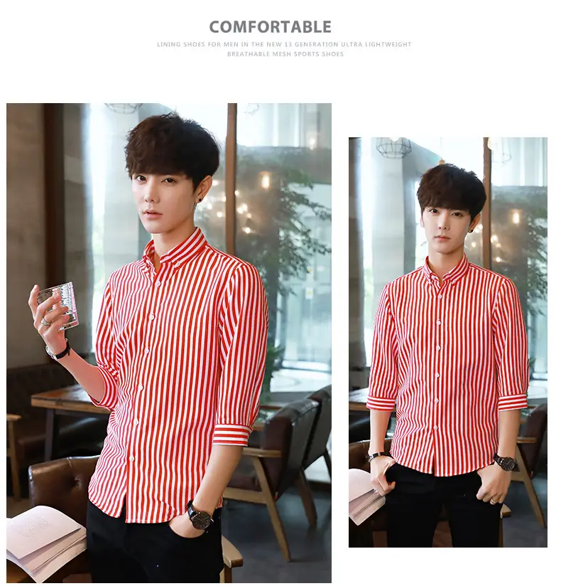 Men's Black & White Striped Long Sleeve Shirt 3/4 Sleeve — feature 13