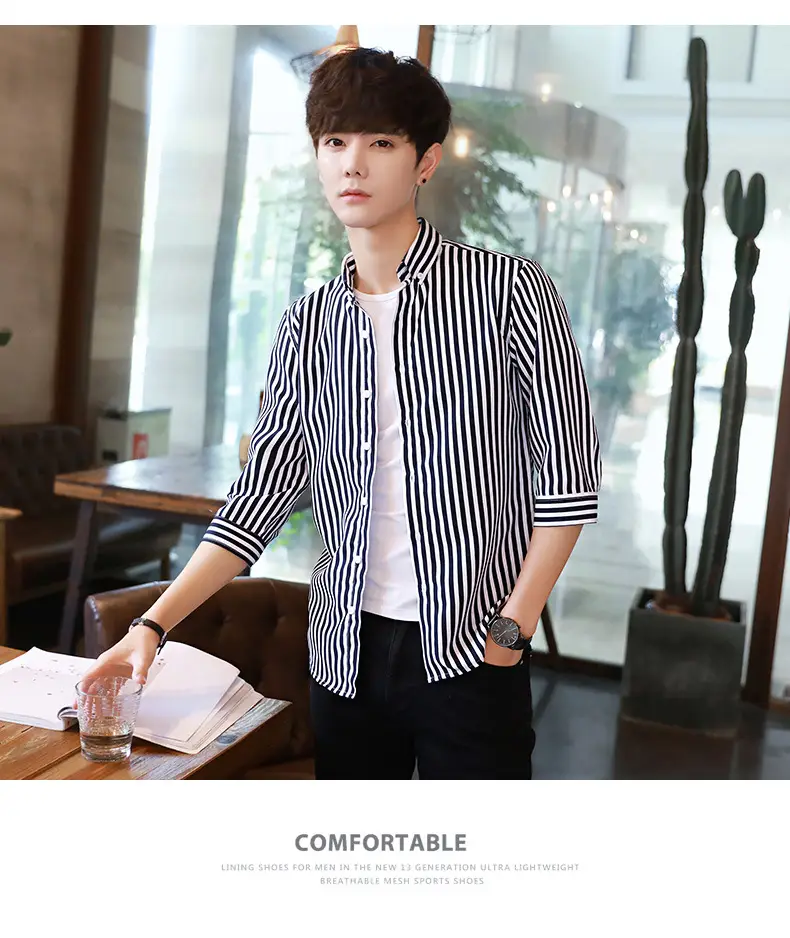Men's Black & White Striped Long Sleeve Shirt 3/4 Sleeve — feature 14