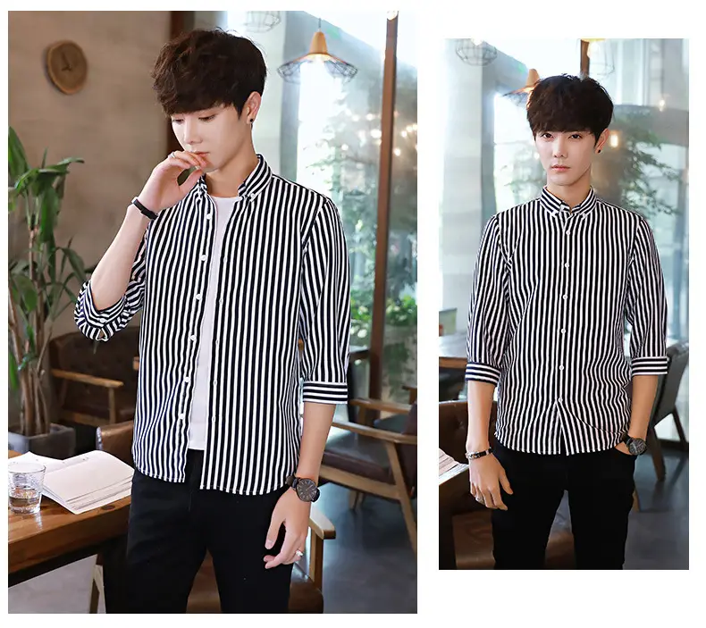 Men's Black & White Striped Long Sleeve Shirt 3/4 Sleeve — feature 15