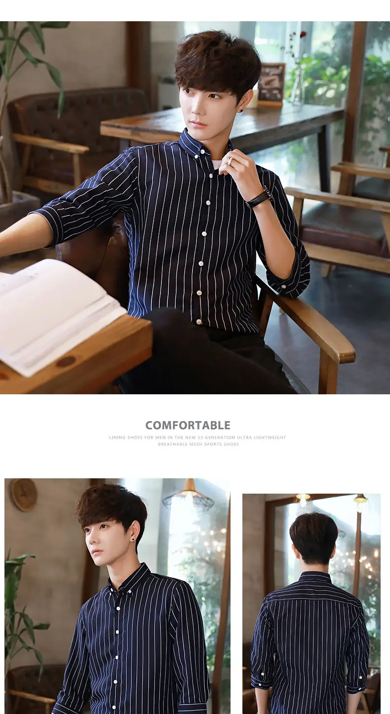 Men's Black & White Striped Long Sleeve Shirt 3/4 Sleeve — feature 16