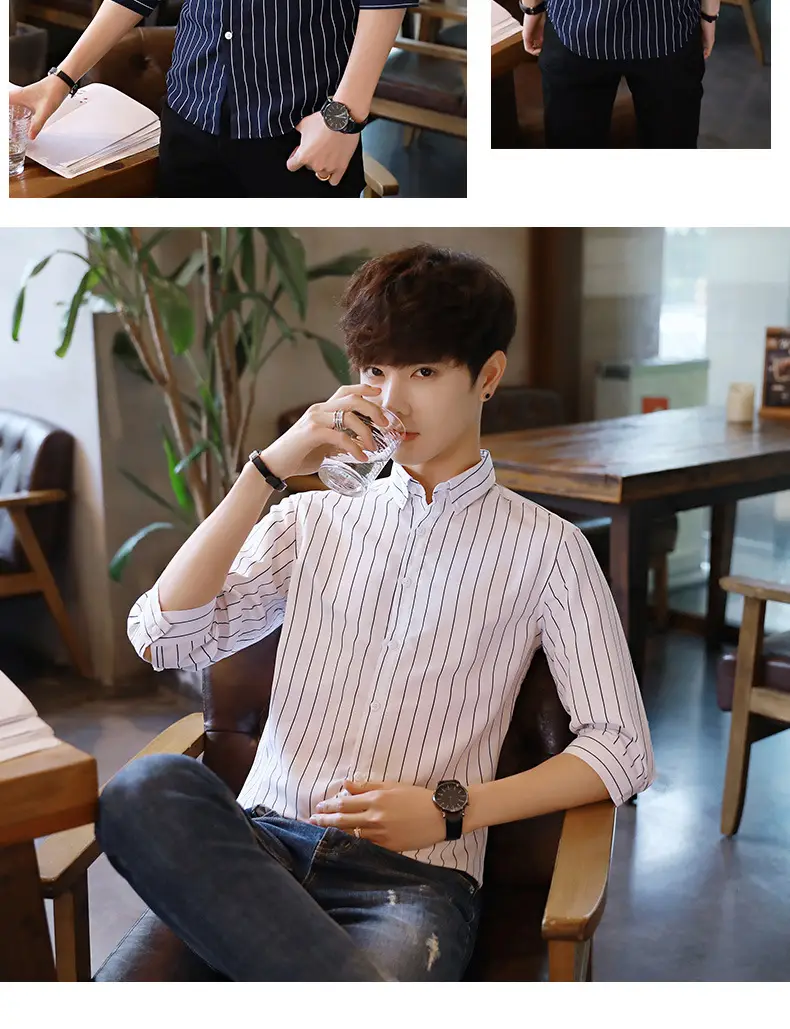 Men's Black & White Striped Long Sleeve Shirt 3/4 Sleeve — feature 17