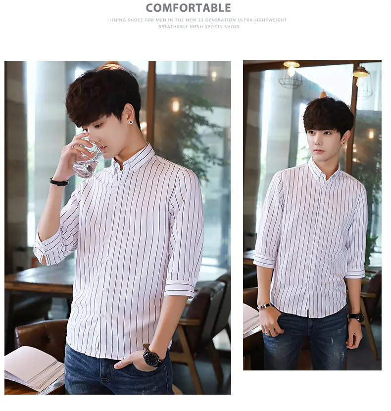 Men's Black & White Striped Long Sleeve Shirt 3/4 Sleeve — feature 18