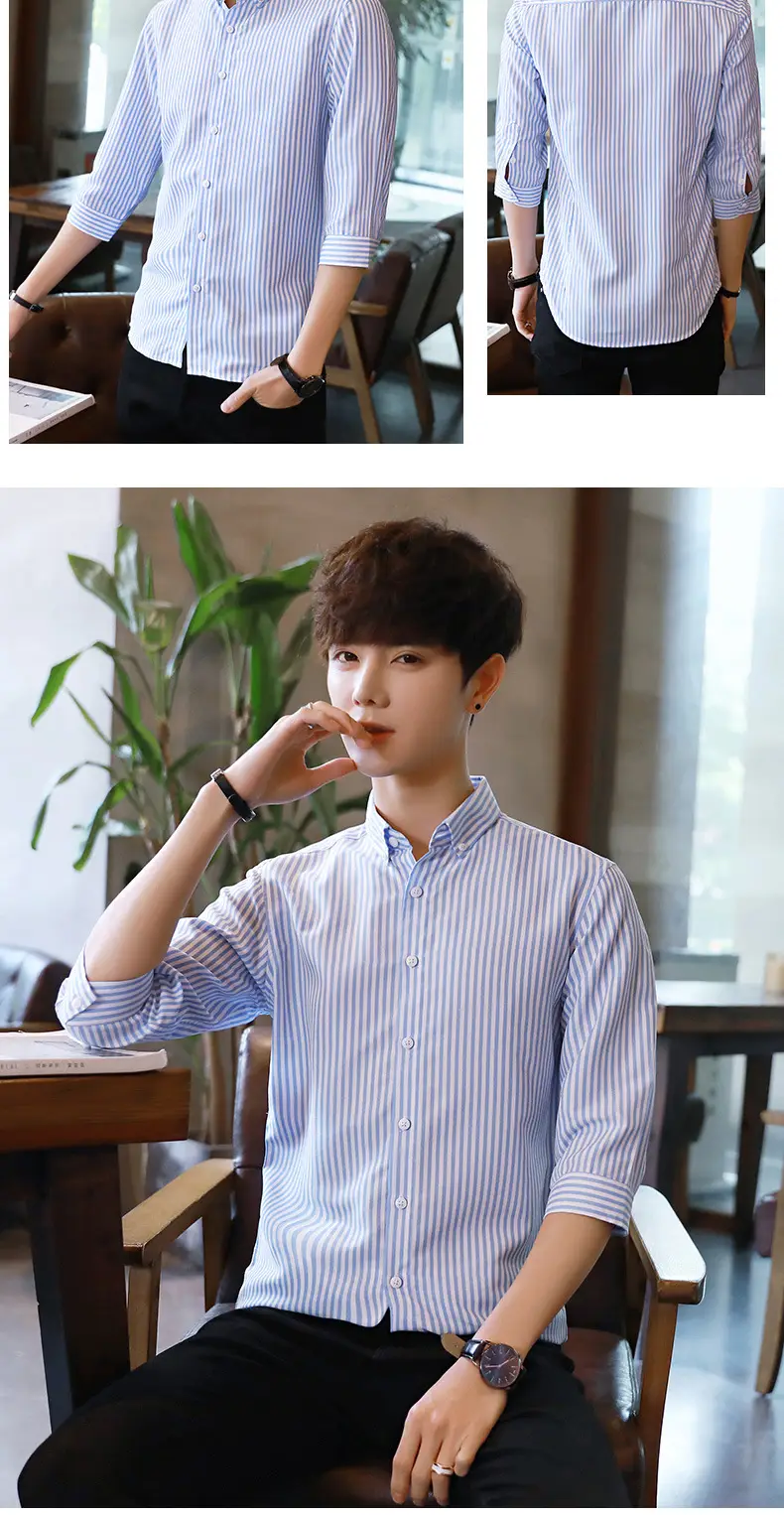 Men's Black & White Striped Long Sleeve Shirt 3/4 Sleeve — feature 9
