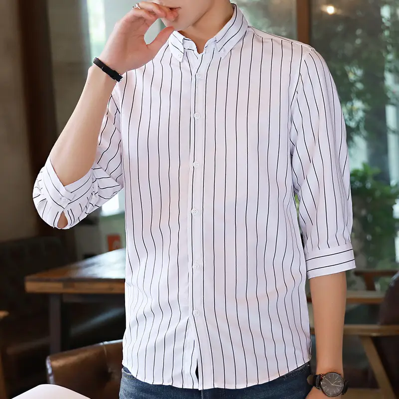 Men's Black & White Striped Long Sleeve Shirt 3/4 Sleeve - Image 7